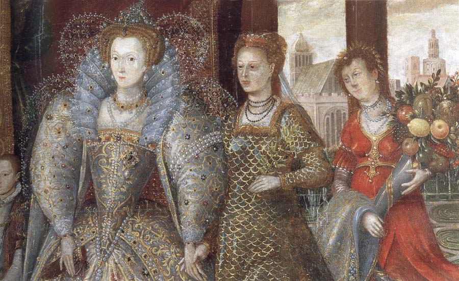 Queen Elizabeth i leads in Peace and Plenty from a Garden